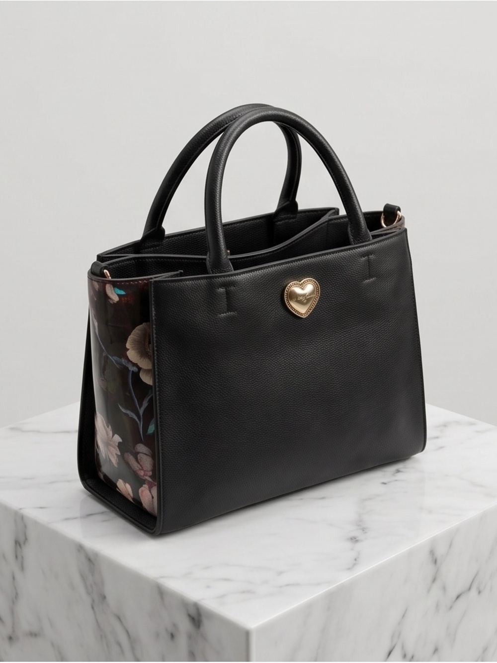 Betsey Johnson Black Satchel Floral Side Panel Gold Heart Logo Long Strap Missig